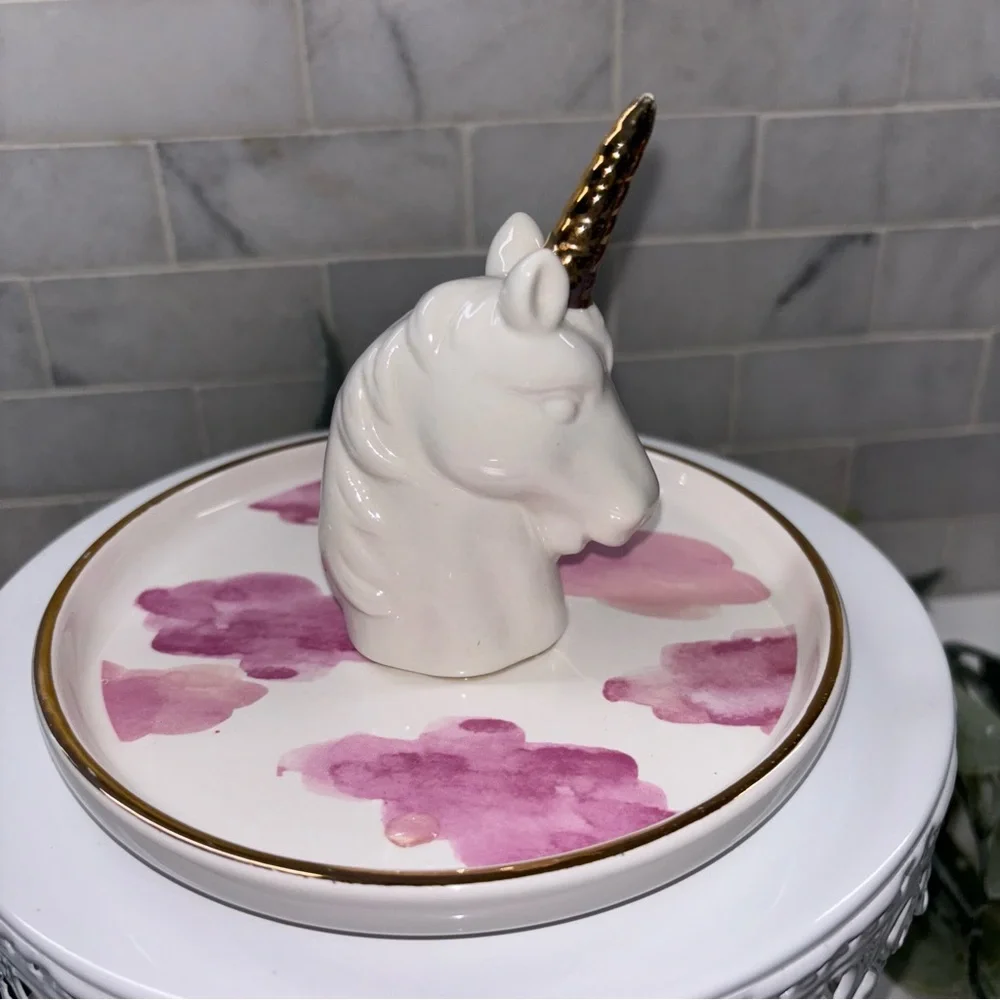 Unicorn Ring Bowl Trinket Tray – White with Gold Horn and Pink Accents